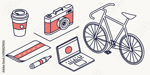 A collection of travel essentials including a coffee cup, camera, bike, and laptop