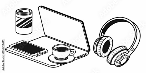 A cozy workspace setup with a laptop, coffee, and headphones for productivity