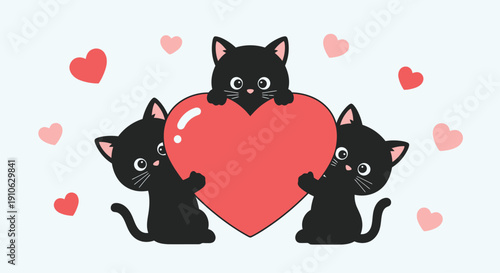 Three black kittens with a large red heart on light blue background