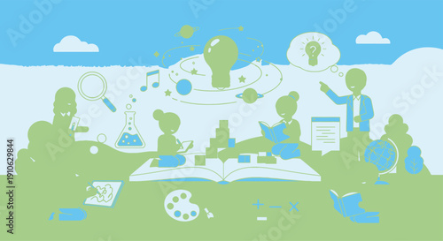 Children and teacher studying science outdoors with books and laboratory items