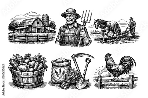 Vintage farm agriculture engraving set, rustic hand drawn sketches isolated ai generated illustration