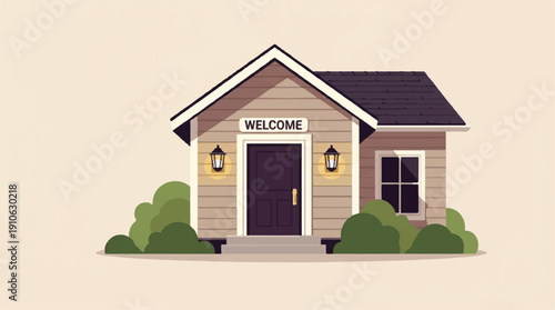 a small house with a welcome sign on the front door and bushes