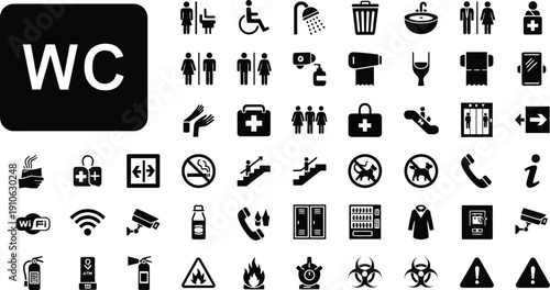 Essential Public Service Icon Set: A comprehensive collection of minimalistic monochrome icons designed for various public amenities. A versatile resource for graphic designers and service providers.