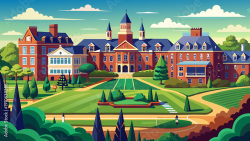 Very beautiful general view of a historic private research university campus in Maryland, featuring stately brick buildings, green lawns, and classic collegiate architecture.
