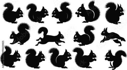 Black squirrel silhouette illustrations in diverse poses, standing, sitting, running, jumping, eating nuts, perfect for wildlife design, animal art, nature decoration, and stock assets