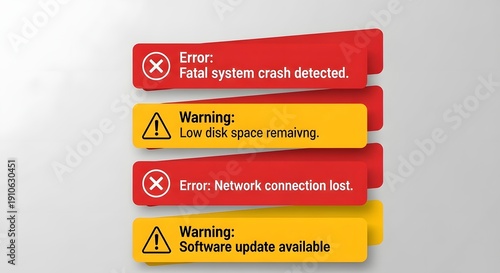 Stacked red and yellow rectangular banners displaying critical system error and warning messages for digital alerts