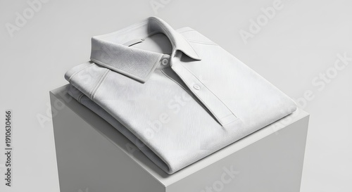 Crisp white folded dress shirt with subtle textured fabric on a minimalist gray block, ideal for apparel display