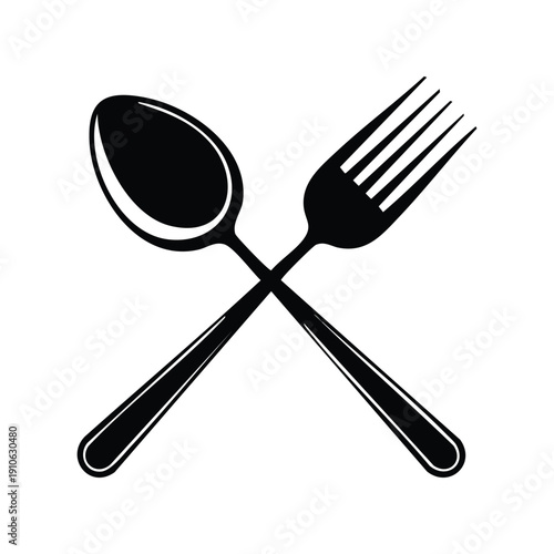 A professional set of silver metal cutlery including a spoon and fork, fork spoon and knife, and fork spoon isolated on a white background for restaurant dining and kitchenware equipment