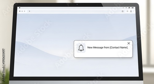 White grey blue laptop screen displaying rectangular rounded web browser alert message for digital communication concept