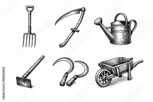 Vintage farm, garden tools engraving set, antique agriculture equipment and farm hardware in woodcut style