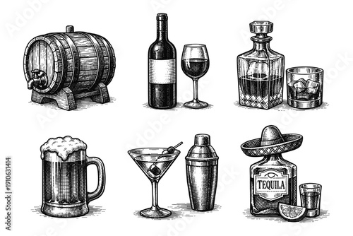 Vintage alcohol and barware engraving set, antique wine, whiskey and beer sketches in woodcut style