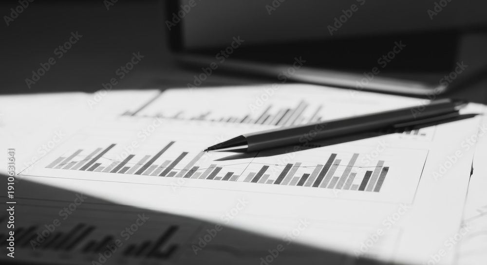 Fototapeta premium Monochrome Financial Data Analysis: Close-up of Bar Charts and Graphs on Paper with Pen. Business Strategy, Market Performance, and Economic Reporting Documentation.