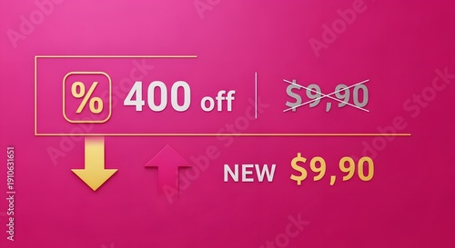 Bold pink background with golden and white text showing a 400% off discount and new price for marketing promotions