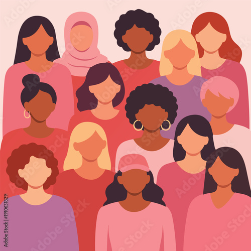 Flat vector illustration of a diverse group of women standing together. Representation of inclusion, unity, diversity, and femininity in modern minimalist style.