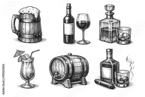 Vintage alcohol and barware engraving set, antique wine, whiskey and beer sketches in woodcut style