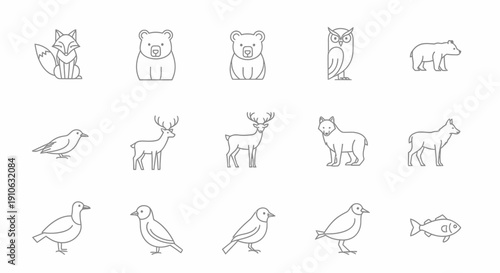 Set of diverse outline animal icons including fox, bear, owl, deer, swan, duck, and fish on isolated white background.