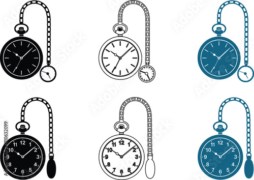 Assorted pocket watches with chains and numbered dials in color variations