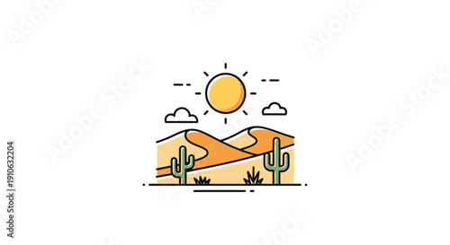 Minimalist Flat Design Desert Landscape with Cactuses, Sun, and Mountains on Isolated White Background