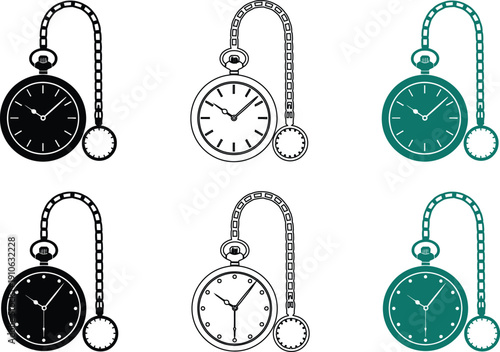 Collection of pocket watches with chains in silhouette outline and color variations