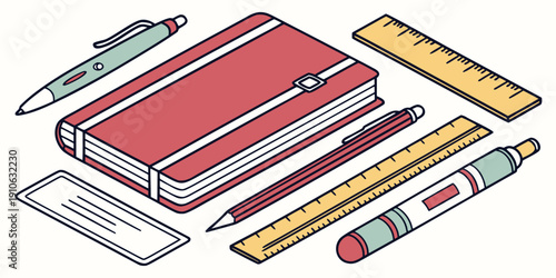 A collection of school supplies neatly arranged on a table.