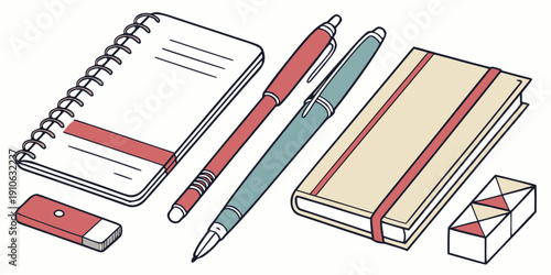 A variety of stationery items including notebooks, pens, and erasers