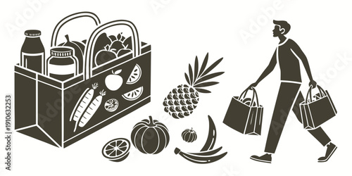 A person carrying groceries and shopping bags filled with various fruits and vegetables