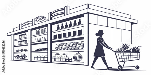 A woman shopping in a well-stocked grocery store with various products on shelves