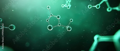 Abstract molecular structure rendering with glowing green spheres and connecting bonds in dark space