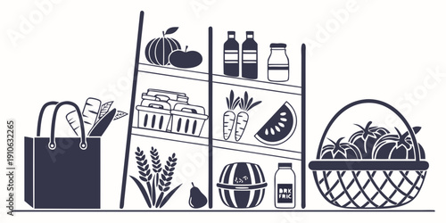 A well-stocked pantry with various food items and a shopping basket