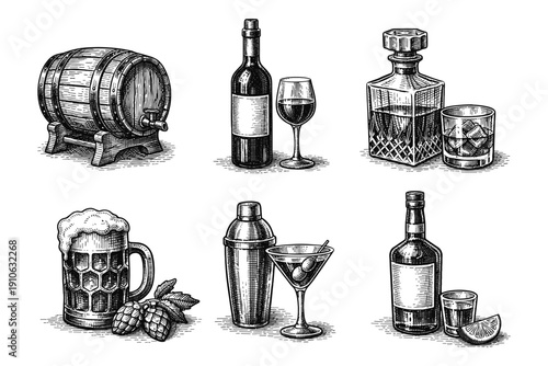 Vintage alcohol and barware engraving set, antique wine, whiskey and beer sketches in woodcut style