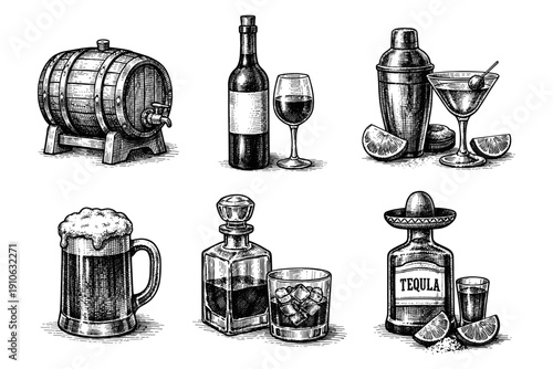 Vintage alcohol and barware engraving set, antique wine, whiskey and beer sketches in woodcut style