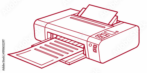 A vintage red inkjet printer with a paper tray and output tray.