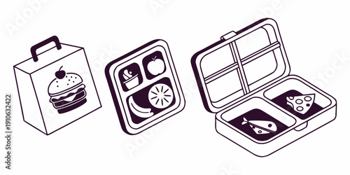 Illustrations of three different lunch boxes with various food items inside