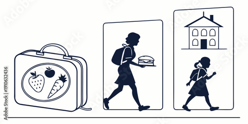 A young girl carrying a lunchbox and a backpack walking towards a house.