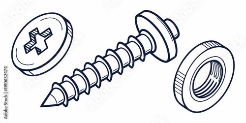 Assorted screws and bolts with washers and nuts in various sizes and shapes