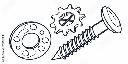 Assorted hardware components including a washer, gear, and screw.