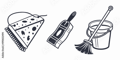 A slice of pizza, a dustpan and brush, and a mop bucket with a mop