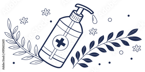 Hand sanitizer bottle with medical symbol surrounded by decorative leaves