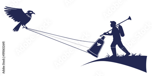 A man on a cliff holding a barrel with a bird flying towards him with a string