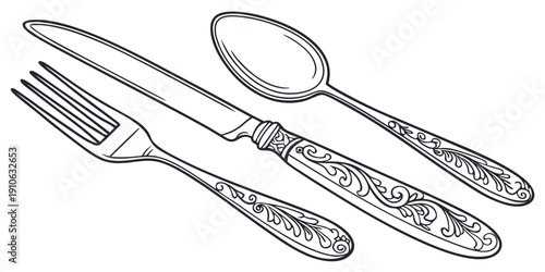 A set of elegant silverware including a fork, spoon, and knife