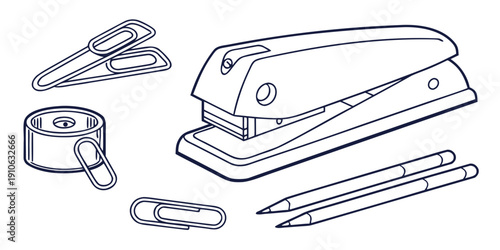 An assortment of office supplies including a stapler, scissors, and pens