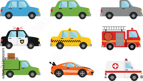 Cartoon illustration of nine different vehicles including compact cars, pickup truck, police car, taxi, fire truck, delivery truck, sports car, and ambulance for transportation design