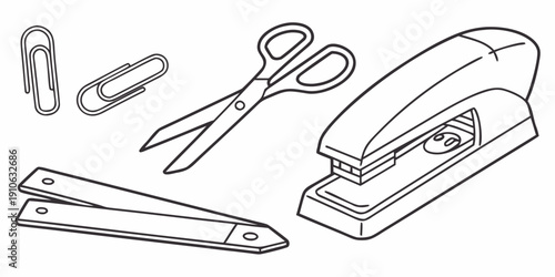 A collection of office supplies including a stapler, scissors, and paper clips.