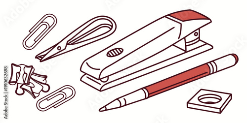 Assorted office supplies including paper clips, a stapler, and a pen