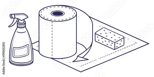 Cleaning supplies including a spray bottle, paper towels, and a sponge.