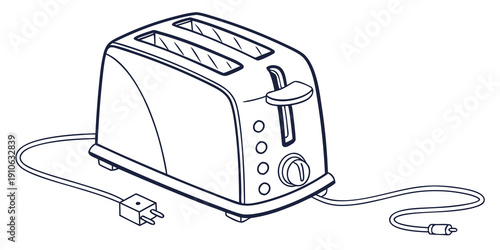 A detailed illustration of a classic toaster with a power cord attached.