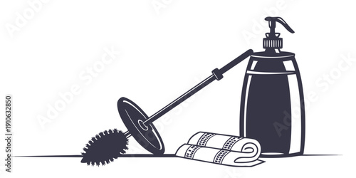 A bottle of soap, a sponge, and a towel on a bathroom floor.