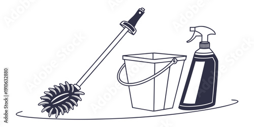 Cleaning supplies including a mop, bucket, and spray bottle