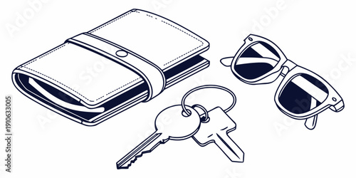 A wallet, keys, and sunglasses on a white background