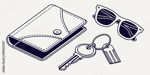 A wallet, keys, and sunglasses laid out on a table